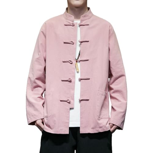 Chemise style chinois en coton et lin à manches longues et boutons grenouille pour homme