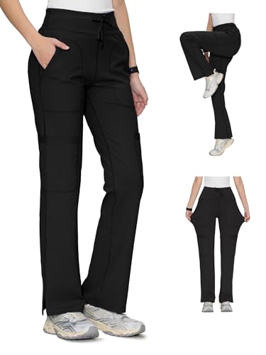 COZY SCRUBS Yoga Scrub Pants for Women Soft Stretch Mid Rise Straight Leg Cargo Bottom with Drawstring 5 Pockets Black M