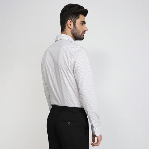 Image of Raymond Men Slim Fit Stripe Pattern Pure Cotton Semi Cutaway Collar Full Sleeve Formal Shirt