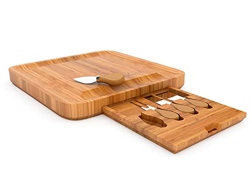 Bamboo Cheese Board and Knife Set in Kraft Gift Box - Charcuterie Serving Platter - Unique Gift for Christmas, Birthdays, Mom, Wedding – Hidden Cutlery Tray