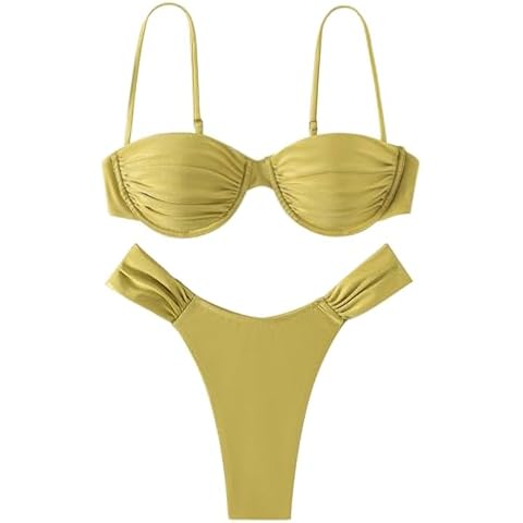 Colevkie Women's Bikini Swimsuits Set High Waisted Lace Up Triangle Thong Bottom 2 Piece Bathing Suit Solid Summer Beach(Yellow-Women,XL) Cover