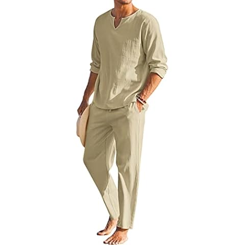 COOFANDY Men's Linen 2 Pieces Set Casual V-neck Henley Shirts Long Sleeve Tops Beach Yoga Pants Trousers Outfit Cover