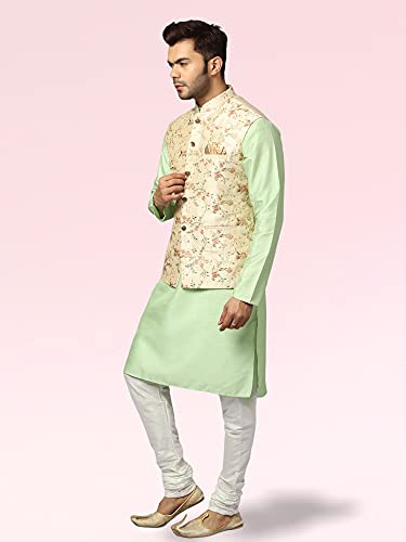 Image of Uri and MacKenzie Men's Silk Blend Regular Kurta Churidar Pyjama with Bundi Nehru Jacket /Waistcoat