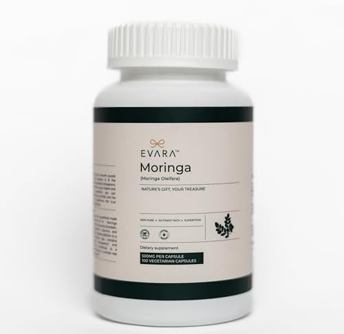EVARA Moringa Powder Organic Capsules 500mg (100 Count) | 100% Pure, Organic Moringa Leaf Powder with Black Pepper Extracts | Vegan, Gluten Free | GMP & USDA Certified