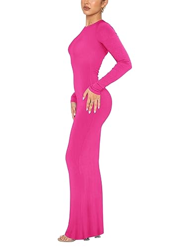 Image of REORIA Women's Sexy Crew Neck Lounge Long Dress Elegant Long Sleeve Ribbed Bodycon Maxi Dresses