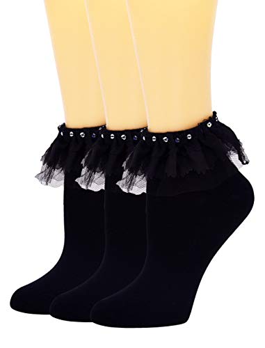 SEMOHOLLI Women Ankle Socks Lace Socks Ruffle Frilly Cotton Socks Cotton Socks Princess Socks Girl Socks (3 Pairs-black)