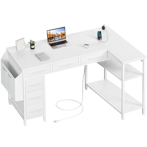 Amazon | ホワイト L字型デスク 布製引き出し付き - 48インチ コーナー