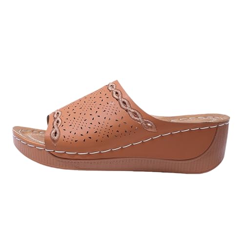Sandalias ortopédicas para mujer, pantuflas de verano, tacón de cuña, piel sintética, plataforma, pies anchos, plataforma, zapatos de verano, suelas suaves, marrón, 42 EU