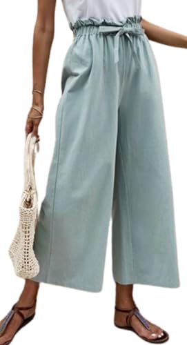 Women's Wide Leg Linen Pants High Waisted Belted Flowy Palazzo Pants Lounge Work Trousers