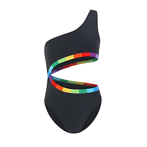 Cute Girls 1 Piece Bikini Swimsuit Fashion Summer Cute Stripes One Shoulder Top+ with Shorts Bodysuit Bathing Suit Black