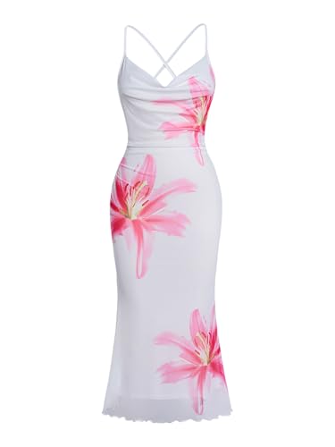 Image of SOLY HUX Women's Floral Mesh Bodycon Cami Dress Cowl Neck Sleeveless Cocktail Party Wedding Guest Long Maxi Dresses