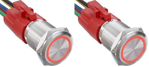 Image of APIELE 16mm Latching Push Button Switch 12V On Off Stainless Steel with LED Angel Eye Head for 0.63 inch Mounting Hole with Wire Socket Plug Self-Locking(Red) (Pack of 2)