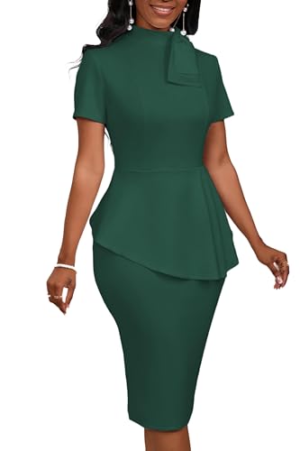 Image of PerZeal Women's Fashion Peplum Bodycon Short Sleeve Work Dresses Bow Club Ruffle Pencil Formal Cocktail Dress