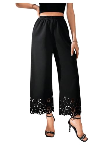 OYOANGLE Women's Wide Leg Pants Cut Out Scallop Trim High Elastic Waisted Pants Casual Office Long Pants