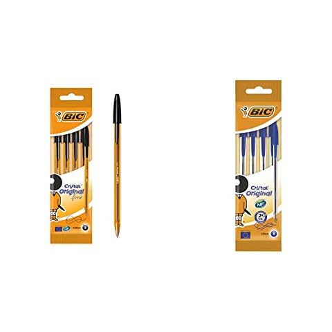 BIC Cristal Original Fine - Bolígrafos punta fina (0.8 mm), Blíster de 4 unidades, Color Negro & BiC Cristal medium - Bolígrafo de punta redonda, color azul, pack de 4 unidades Cover
