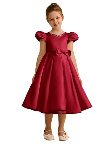 Pageant Princess Beaded Satin Flower Girl Dress Tea-Length Puff