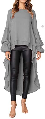 PRETTYGARDENWomen's Lantern Long Sleeve Round Neck High Low Asymmetrical Irregular Hem Casual Tops Blouse Shirt Dress