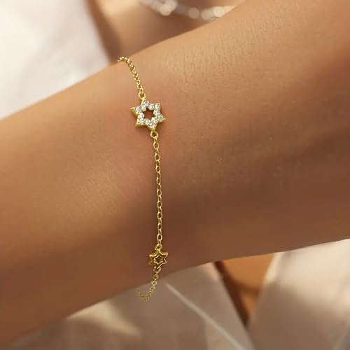 LOVECOM 14K Gold Plated Jewish Star of David Bracelet for Women 925 Sterling Silver Star Cubic Zirconia Link Charm Chain Bracelet Jewish Jewelry Birthday Gifts for Friend Daughter Mom2