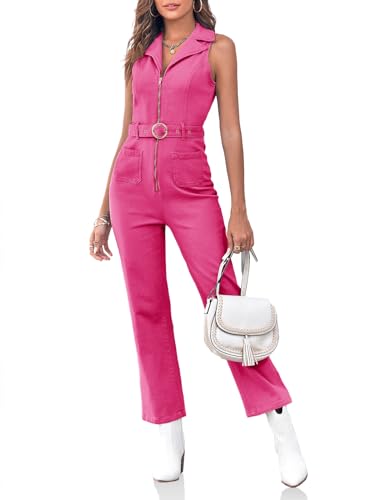 PLNOTME Women's Sleeveless Denim Jumpsuits Zip Up Belted Straight Leg Jeans Long Rompers