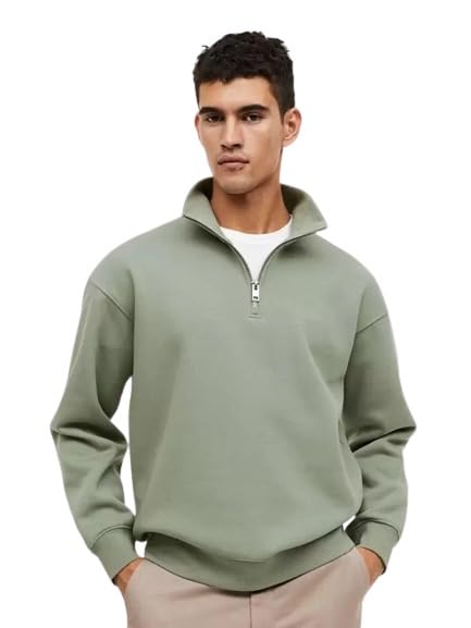 Fleece Solid Half Zipper High Neck Full Selvees Loose Fit Sweatshirt for Men's-image-47