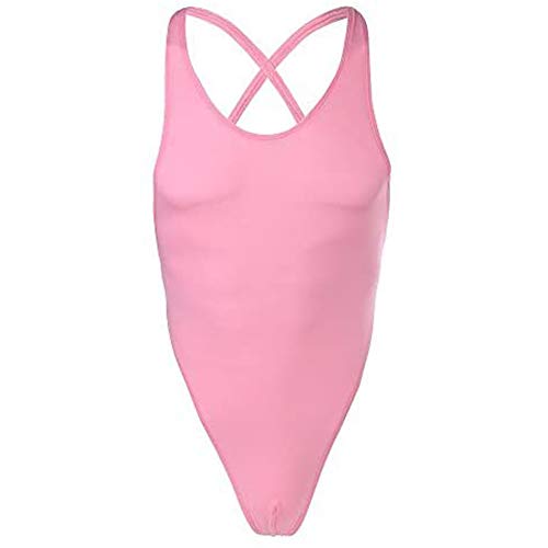 Men's One-Piece Mankini Bodysuit High Cut Criss-Cross Backless Thongs Underwear Wrestling Singlet Leotard Top Racer Bikini Swimsuit Sissy Lingerie Pink XXL