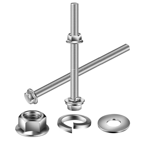 M10 x 60mm Flanged Hex Head Bolts, Nuts, Flat &amp; Lock Washers, 10Pcs 18-8 (304) Stainless Steel, Fully Threaded, by SG TZH