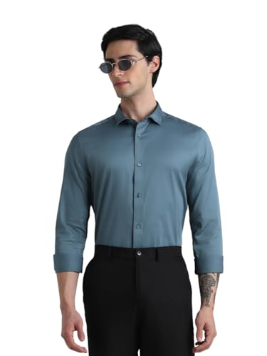 Image of Jack & Jones Men's Cotton Slim Fit Solid Opaque Checked Spread-Collar Casual Shirt