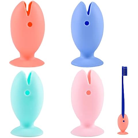 4Pcs Cute Toothbrush Holder, Fish Silicone Mini Tooth Brush, Bathroom Accessory Stand Weeding Scrap Collector Anti-Slip Non-Fragile Stand for Tooth Brush Makeup Brush Pen Cover