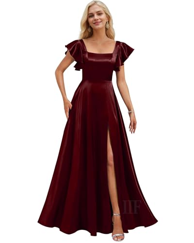 Image of IIF Short Sleeve Bridesmaid Dresses with Pockets Square Neck A-Line Satin Prom Gown Dress for Women with Slit IIF134