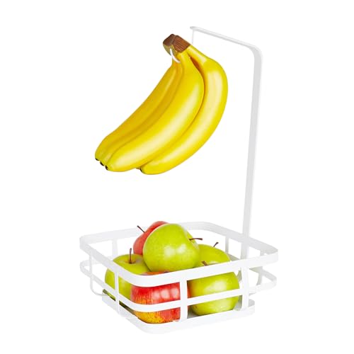 Spectrum Fruit Basket with Banana Hanger White, Modern Steel Wire Storage for Kitchen Counter, Scandinavian Fruit and Vegetable Basket with Banana Hook, Space Saving Kitchen Countertop Storage