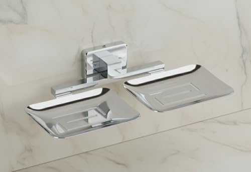 Image of EASYHOME FURNISH Premium Stainless Steel Double Soap Dish for Bathroom and Kitchen | Wall-Mounted Dual Soap Holder with Chrome Finish | Rust-Proof, Heavy-Duty Soap Stand Tray (Square-38 08)