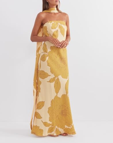 Image of Women Floral Strapless Maxi Dress Y2K Bodycon Tube Long Dresses Sexy Party Formal Cocktail Beach Slit Dress