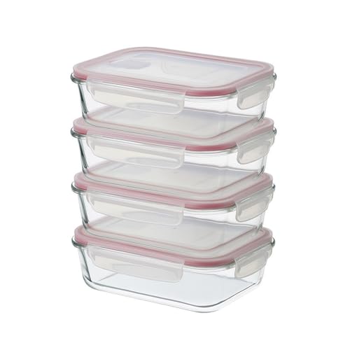 CASASELECCION 4 Tuppers de Cristal Hermético con Tapa y válvula de ventilación de 370 ml para Comida, Recipiente de Vidrio, Uso Apto en Horno/Microondas/Lavavajillas/Congelador, Sin BPA