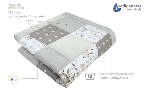 Medi Partners Krabbeldecke für Baby Spielmatte 100% Baumwolle Krabbelmatte - 100x100cm Krabbeldeck Dick Weich Decke Laufgittereinlage Babydecke Minky Waffel Spielbogen (Hirsch in Blättern)