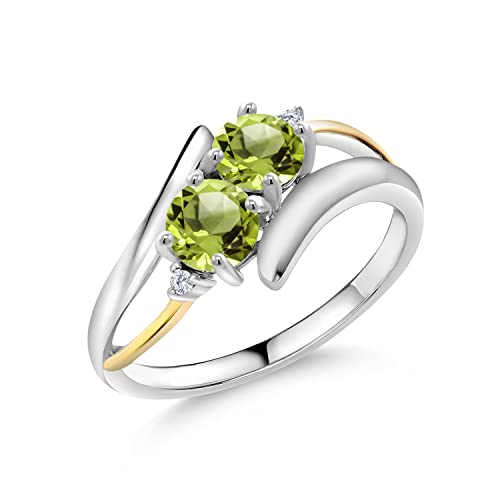 Gem Stone King 925 Sterling Silver and 10K Yellow Gold Green Peridot and White Lab Grown Diamond 2 Stone Crossover Women Ring (1.12 Cttw, Gemstone Birthstone, Available In Size 5, 6, 7, 8, 9)