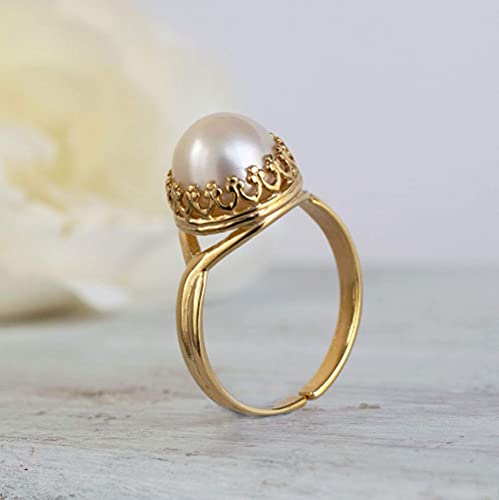 Pearl Adjustable Ring For Women In 14K Yellow Gold Plate On 925 Sterling Silver – 10Mm Round Gem - Bridesmaid Wedding Jewelry - Handmade Vintage Jewelry - Boho Ring - Flexible Fit To Every Finger #TOP3