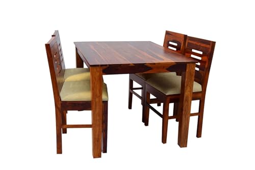 Image of Sheesham Wood 4 Seater Dining Table Sets for Dining Room | Solid Wood Dining Table with 4 Cushion Chairs for Hotels | Dining Room Sets Furniture for Hotels (Honey Finish)