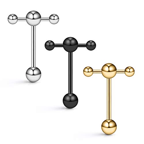 Ruifan 3PCS Stainless Steel T Shape Top Straight Barbell Tongue Ring Piercing 14G 5/8(16mm) - Mix Color 2#