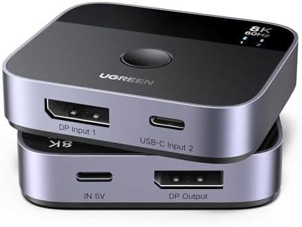 UGREEN 8K@60Hz DisplayPort+USB C Switch 2 in 1 Out DP 1.4 Out Ultra HD Supports 4K@240Hz 3D HDR10+ HDCP2.3 USB-C+DisplayPort Switcher Compatible with Laptops, Computers, Desktop, Steam Deck