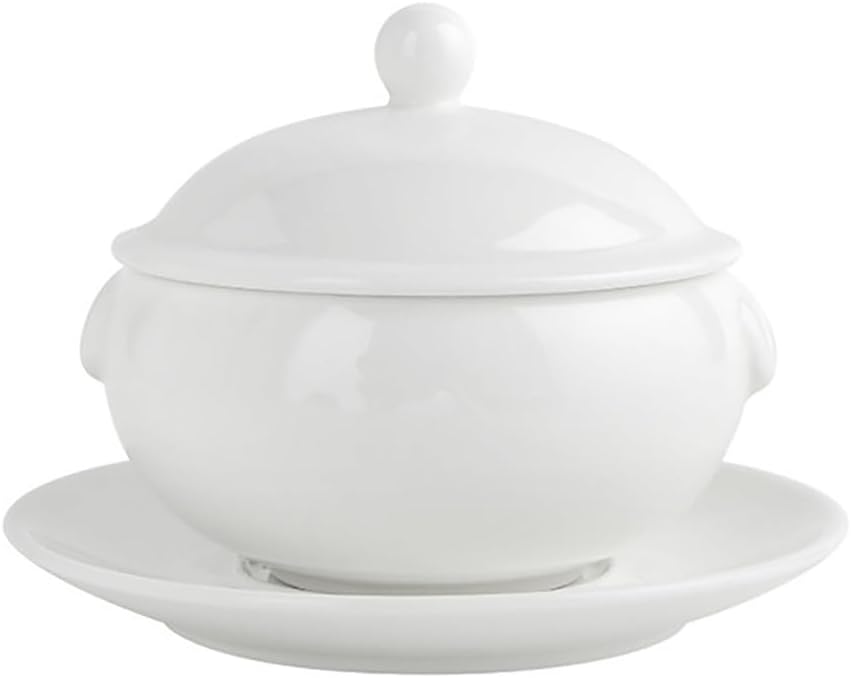 Porcelain Soup Tureen Ceramic Soup Tureen with Lid White Ceramic Round Tureen,for Restaurant Home Kitchen Decoration, Microwave and Dishwasher Safe,B