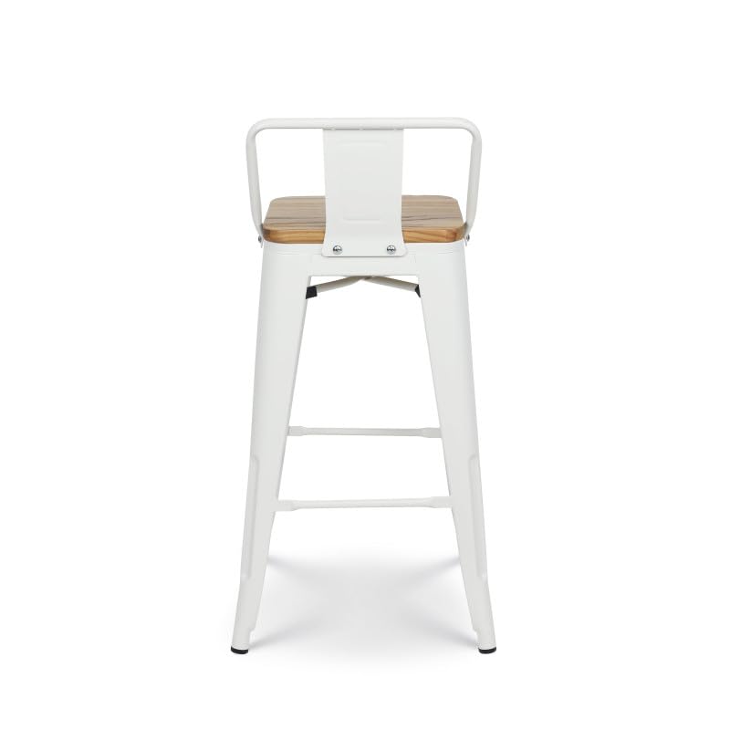 Kosmi - Juego de 4 sillas de bar, taburete alto de estilo industrial con pequeño respaldo de metal blanco mate y asiento de madera natural clara