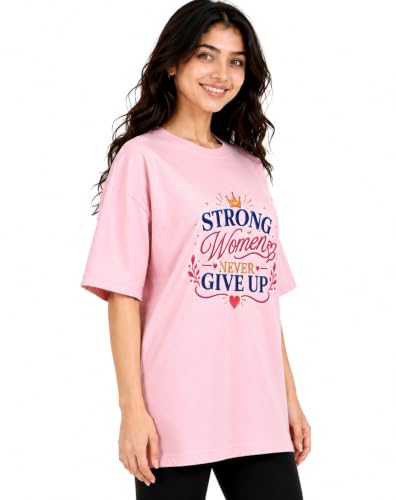 Image of SYARA Oversized Tshirt for Woman Pure Cotton Stretchable | Oversized T Shirt for Women | Premium Breathable Round Neck Half Sleeve Printed Pink Casual T-Shirt