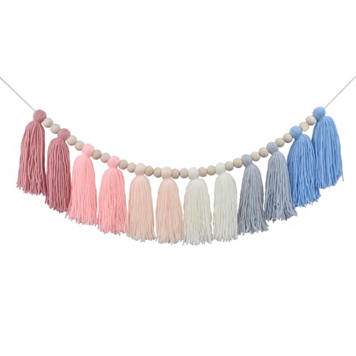 DrCor Pink & Blue Boho Tassel Garland – Preppy Coastal Yarn Wall Hanging with Wooden Beads for Nursery, Kids Room, Baby Shower, Gender Reveal Party, Birthday Backdrop or Coastal Home Decor