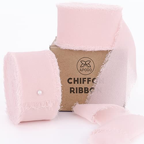 Apogo Chiffonband, handgefertigt, Fransen, seidenähnliches Band, 3,8 cm x 13 m für Hochzeitseinladung, Geschenkverpackung, Brautstrauß, Basteldekorationen (2 Rollen, 26 Yards) (hellrosa) Cover
