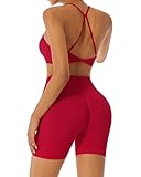 DOULAFASS Nahtlos Sport Set Damen Gekreuzter Rücken Knoten Sport-BH Versteckte Scrunch-Shorts Gym Outfit Yoga Set Rot M