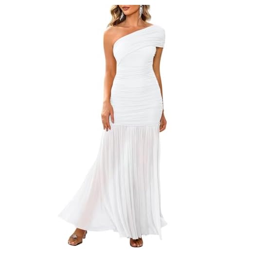 LAGSHIAN Women's Elegant Formal Long Dress One Shoulder Sleeveless Ruched Bodycon Evening Dress White