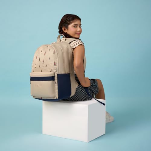 Image of Tommy Hilfiger School Backpack for Boys & Girls Segno - Beige+Navy | 3-Compartment Water-Resistant Student Bag for High School & College with Rain Cover & Padded Airmesh Back | 40L Capacity