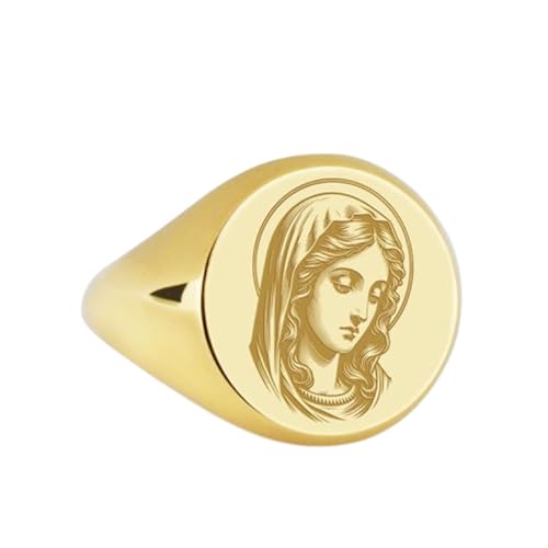 Chevalière Vierge Marie argent 925 ronde bague plaquée or taille 5-12.5