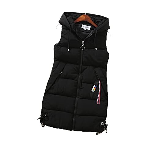 Surwin Women's Long Gilet Jacket Hooded, Casual Quilted Vest with Pockets Ladies Warmer Zip Up Sleeveless Down Jacket Coat Parka Outwear Waistcoat Winter Wear Cover
