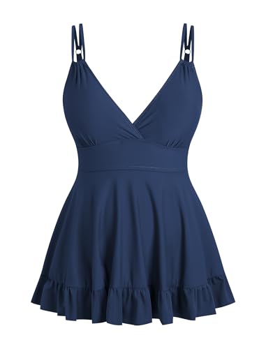 ZAFUL Plus Size Tankini Tops for Women Double Shoulder Strap Swimsuit Tops V Neck Skrited Bathing Suit Top Only